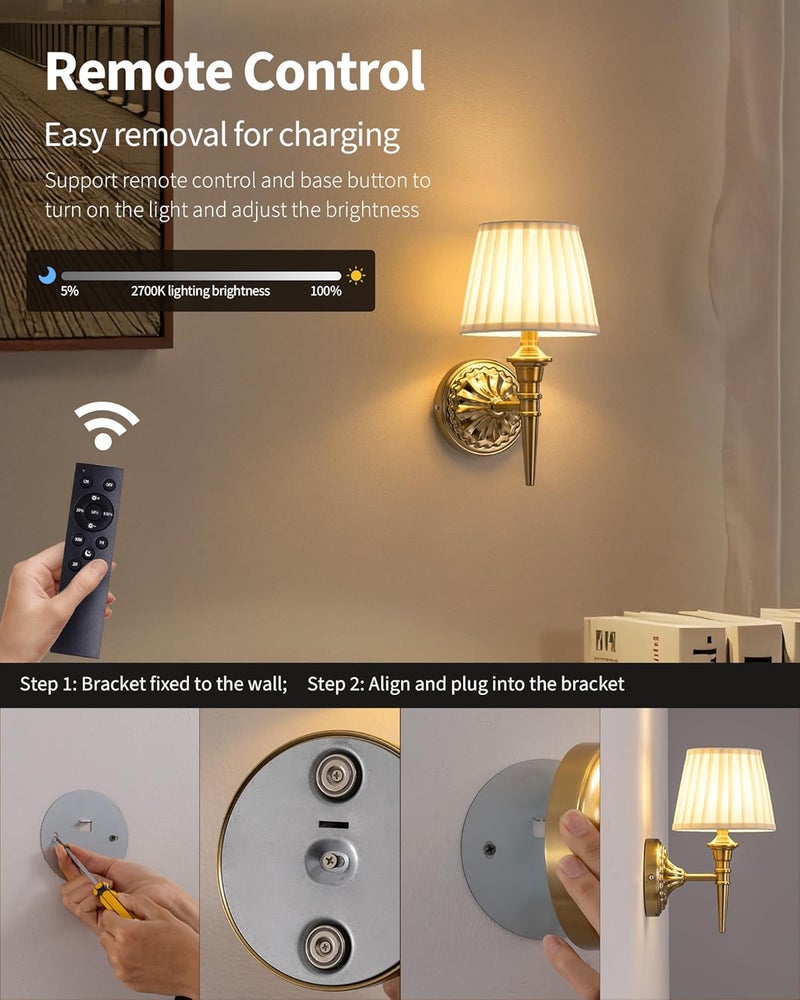 KDG Cordless Wall Sconces Set of 2, Small Wireless 5200mAh Rechargeable Battery Fabric LED Wall Lamps, Portables Lightings for Wall Painting, Living Room, Bedroom, Hallway, Gifts, Night Light (Gold) - Image 4